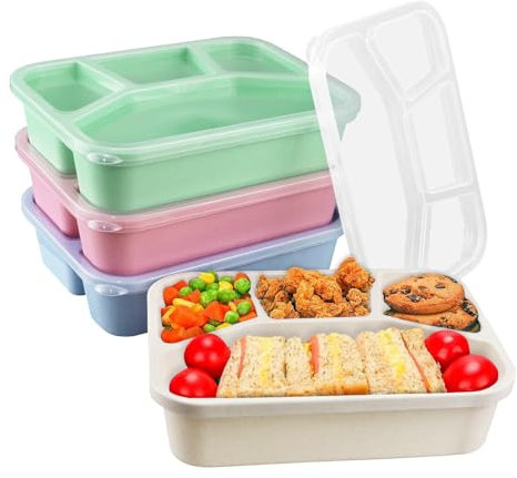 Toivize 4 Pack Bento Lunch Box, Snack Boxes with 4 Compartments Reusable Food Storage Containers for Kids and Adults Microwave Dishwasher Safe for School Work Travel (Green/Blue/Pink/Beige)