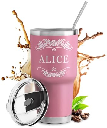 Maverton Mug Isotherme Personnalisable Rose en Acier Inoxydable 800 ml | Gobelet Isotherme avec Paille et Boîte Cadeau, avec brosse de nettoyage, Cadeau Femme Anniversaire Prénom
