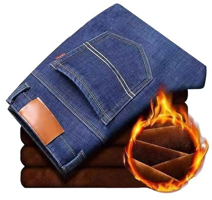 Beokeuioe Pantalones vaqueros térmicos para hombre, forrados, pantalones de mezclilla, pierna recta, forro polar, pantalones vaqueros elásticos, ajustados, pantalones de invierno, pantalones térmicos,