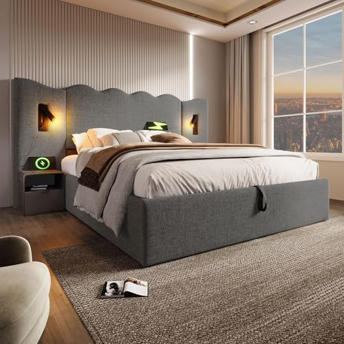 Zepneiy Bett 180×200 mit LED und USB, Polsterbett 180×200 cm, Doppelbett mit Lattenrost Massivholz und Metall, Stauraumbett Jugendbett Bettgestell Leinen Grau (Ohne Matratze)