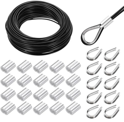 QUARKZMAN vajerlina i rostfritt stål 30 m x 3 mm stålvajer PVC-belagd med 20 aluminiumhylsor & 10 kauscher, säkerhetstråd upphängningsvajer tvättlina för bilder växter staket gardiner, Svart