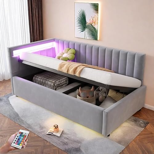 Sofá cama tapizado 90x200 con iluminación LED y almacenamiento hidráulico, diseño clásico de rayas verticales, cabeceros laterales intercambiables, terciopelo, gris claro (colchón no incluido)