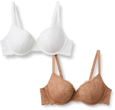 Amazon Essentials Sujetador con Relleno y Aros de Cobertura Total, Encaje Elástico Suave Mujer, Paquete de 2, Blanco/Bronce Lavado, 90B