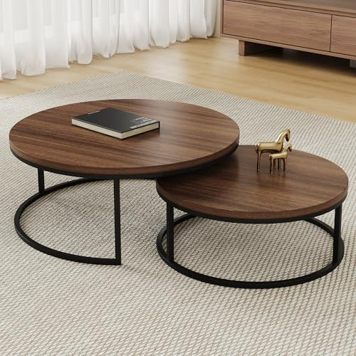 Ensemble de 2 tables basses rondes en bois, table basse ronde avec structure en métal noir, table d'appoint moderne pour salon, chambre à coucher et balcon, 80x80x45 cm (60x60x35 cm) (couleur noyer)
