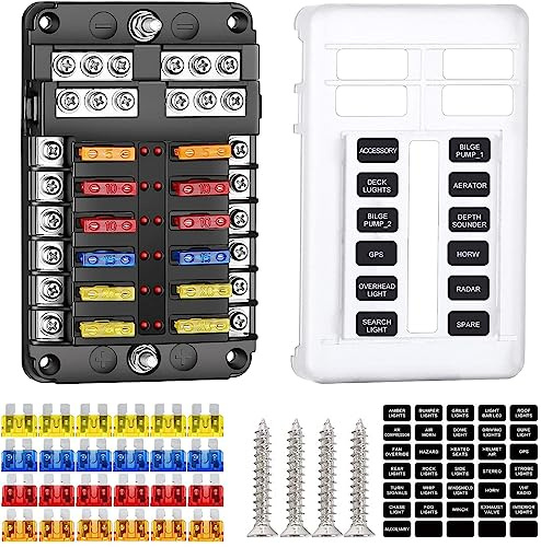 SETAWEEH 6 Fach Sicherungshalter KFZ 12 Volt Sicherungsblock Flachsicherung ohne LED-Anzeige Wasserdichte Sicherungskasten Sicherungsdose mit Schutzabdeckung,12 Flachsicherungen (12 Fach mit LED)