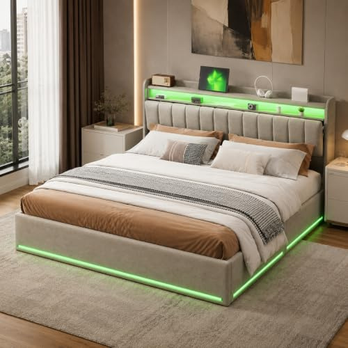 WOBOPCG Polsterbett Doppelbett 160x200 cm,Hydraulisch Stauraumbett LED Doppelbett Mit Ladeportfunktion Funktionsbett Nachttisch mit Ladefunktion Bett mit stauraum boxspringbett (Grau+Samt, 160x200)