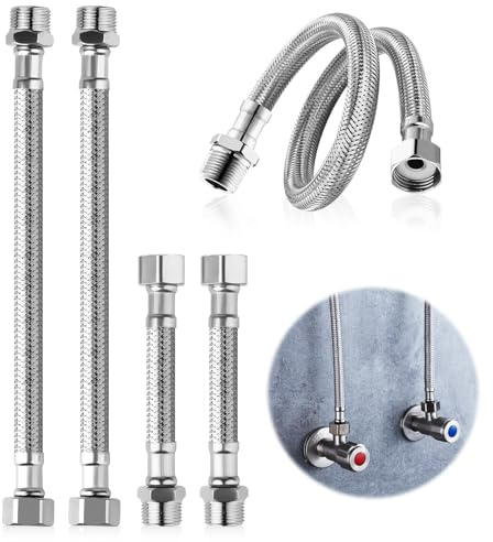 Flexschlauch 3/8, 4 Stück 304 Edelstahl Flexschläuche (10 cm und 20 cm) | PanzerSchlauch 3/8 Zoll, Flexibler Armaturenschlauch Verlängerung Armaturenschlauch für Wasserhahn Bad WC