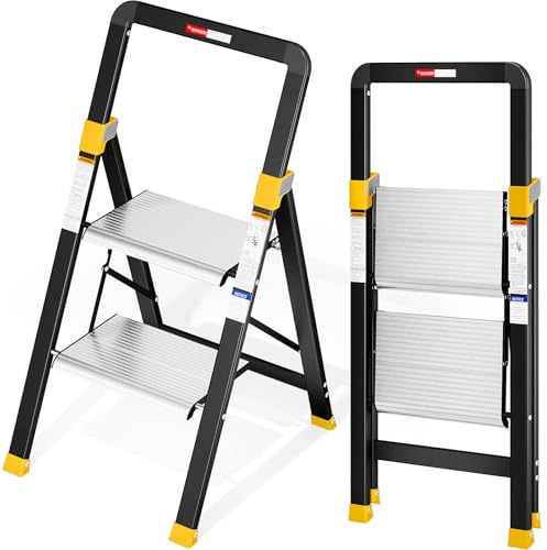 KINGRACK Trittleiter 2 Stufen Klappbar Aluminium, Klappleiter mit Handlauf, Haushaltsleiter Anti-Rutsch-Stabilem und Breitem Peda, Leiter bis 150kg Belastbar für Haushalt, Küche, Büro | Leicht, stabil, tragbar, platzsparend, breite rutschfeste Aluminium-Pedale, Komfort-Handlauf, 150 kg Tragkraft
