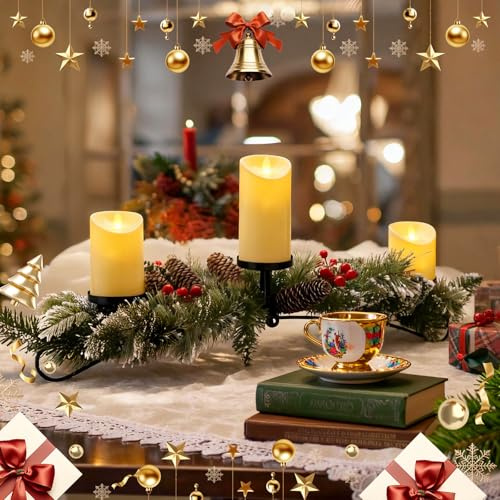 Christmas Candle Holder with 3 Electric Candles, Tabletop Decoration for Christmas Home Decor, Holiday Party Table Decorations Candle Holder with Pine Cone, Red Ball, Pine Needle