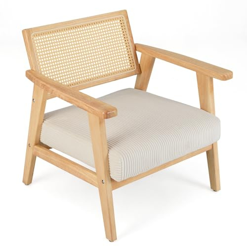HOMASIS Lounge-Sessel aus Rattan, Holzsessel mit Cordkissen und gepolsterten Armlehnen, Innenstuhl für Schlafzimmer, Wohnzimmer, Natur und Weiß