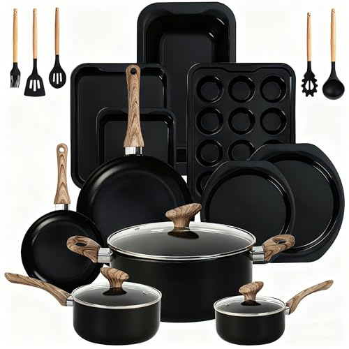 Bakeware and Cookware Set 18PCS, Induction Hob Pans and Pots Set w/Lids, Non-Stick Set with Frying Pans, Saucepans, Muffin Pan, Baking Sheet PFOA & PFOS Free