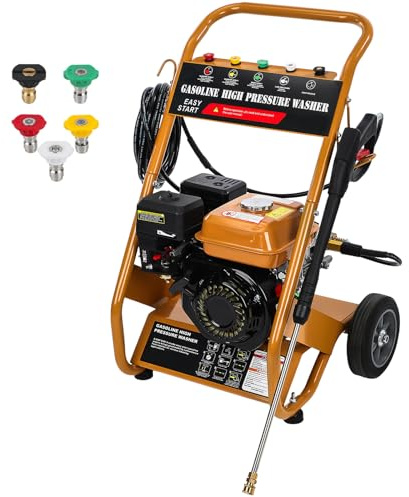 ISINEVER Benzin Hochdruckreiniger 3950 PSI (272 bar) | 6,5 PS 4-Takt Motor | 8m Hochdruckschlauch mit 5 Düsen | 2,6 GPM 10 L/min | Outdoor Reinigung für Auto Terrasse Fassade Einfahrt Gelb-Schwarz