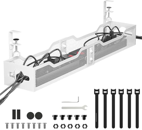 Kabelhantering skrivbord, kabeldragning under skrivbordet, ingen borr, kabeldraglåda, klämbar kabelorganiseringsbricka, kabelhantering för kontor, hem, internetkaféer (vit)