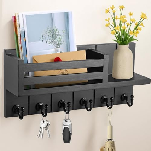 JF HOME BLISS Key Holder for Wall with 6 Hooks & Mail Shelf Rustic Wooden Key Rack Wall Mounted Entryway Organizer for Keys Mail Sunglasses for Hallway Kitchen Office Bedroom (Black)