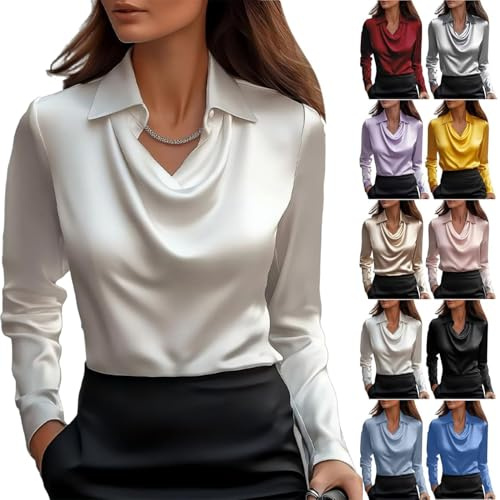 Chemisiers en satin pour femmes, style décontracté et habillé, haut ample à manches longues pour le bureau, col bénitier, manches longues en satin pour le travail et le bureau (White,TTG)