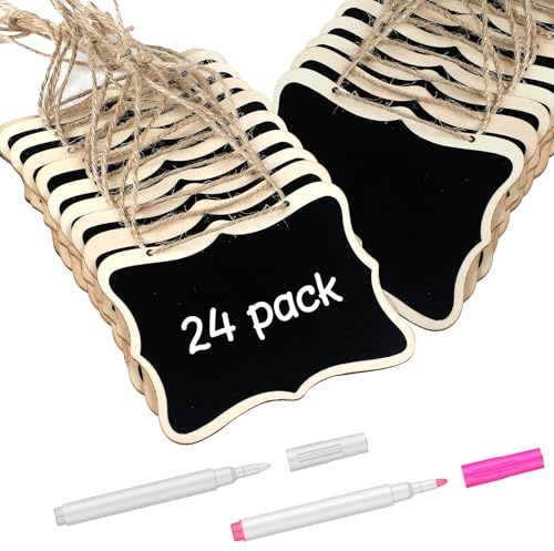 Uniclife 24 Pack Mini Chalkboard Signs for Food, Small Chalkboard Signs with Strings Chalk Markers & Replacement Stickers, Hanging Chalkboards Sign Reusable Wooden Food Labels for Party Buffet, Waves