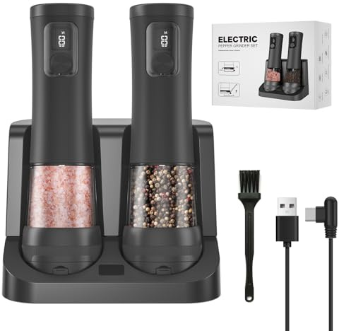 Lot de 2 moulins à sel et poivre électriques automatiques avec base rechargeable, 5 réglables, écran LED, cadeau de cuisine (2, noir, base rechargeable par USB)
