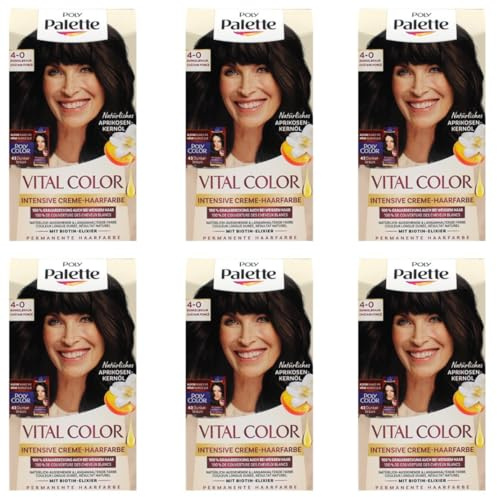 6x Poly Palette Vital Color Intensive Creme-Haarfarbe 4-0 Dunkelbraun natürlich-aussehende & langanhaltende Coloration, permanente Coloration auch bei weißem Haar 115 ml (6er Pack)