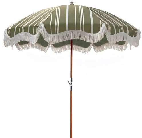 Ombrellone da spiaggia a righe retrò da 2 m, inclinabile, rotondo, con nappe, palo pieghevole in legno, per viaggi, balcone, picnic, campeggio, elegante ombrellone da esterno