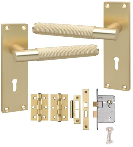 Golden Grace Victorian T-Bar Lock Door Handle Set, Satin Brushed Brass