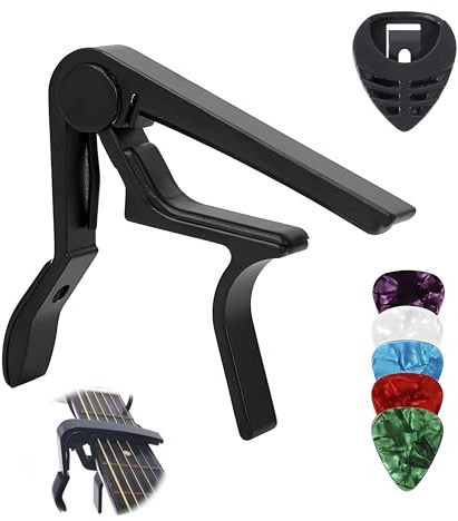 Cejilla para guitarra con 5 guitarras y 1 caja de pickbox, accesorios para guitarra, para guitarra occidental de 6 cuerdas, guitarra acústica, folk, guitarra eléctrica y ukelele, negro