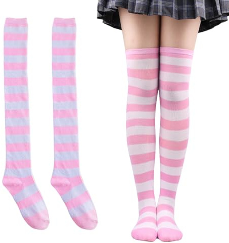 COYUN 1 Pares Calcetines Hasta la Rodilla, Femenino Rayas a rayas Muscos altos calcetines, sobre medias de rodilla, para Mujer Calcetines Largos Sobre la Rodilla Muslo Calcetines Altos, Rosa y blanco