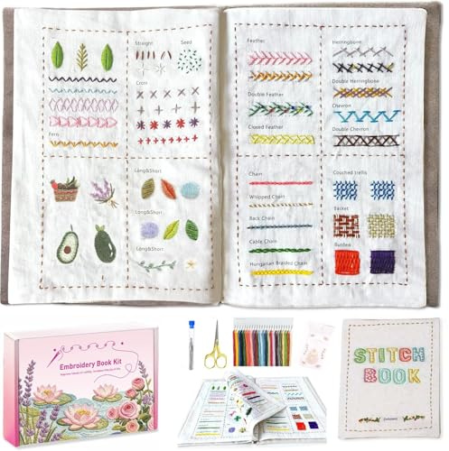 HAOYEGUOJI Stickerei Set Anfänger, Stickset Erwachsene, Leinenstickbuch mit einer Vielzahl von Mustern mit Stichanleitung, Nähwerkzeugen und Videos
