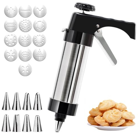 Hiacinto Spritzgebäckpresse Edelstahl - Profi Spritzgebäck Maschine | mit 13 Form-Discs & 8 Spritztüllen | Multifunktionale Gadgets zum Keksbacken, Plätzchen Presse & Backzubehör in Schwarz
