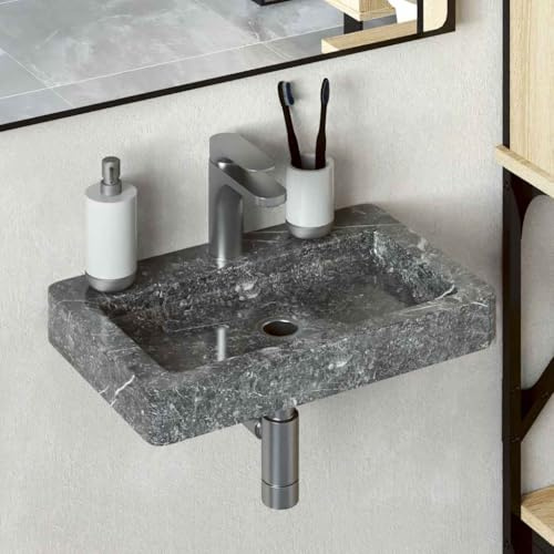 Lavabo da parete moderno, grigio, 38 x 24 x 6,5 cm, in marmo resistente, ideale come lavabo da appoggio per bagno e WC per gli ospiti