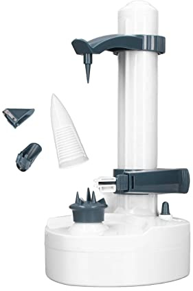Pelador eléctrico de pie, pelador automático giratorio para verduras y frutas con cuchilla ajustable y doble cuchilla para patatas, zanahorias, manzanas en la cocina (Blanca)