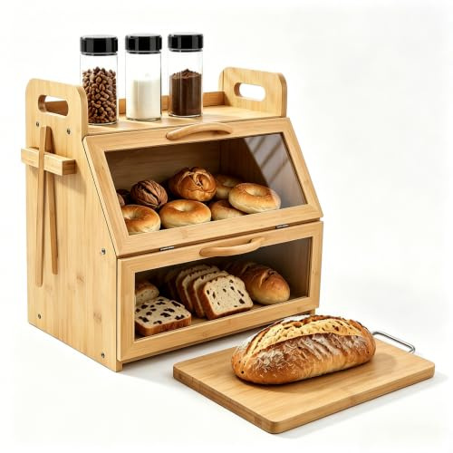 Mvellir Bambus Brotkasten 2 Etagen Brotbehälter mit Brotschneidebrett und Brotzange, lebensmittelecht Brotaufbewahrung, Holz Brotbehälter für selbstgemachtes Brot, 40 x 26 x 37 cm, Holzton