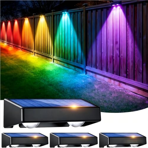Solar Fence Lights with Remote 2 Pack, RGB LED Solar Powered Light Outdoor