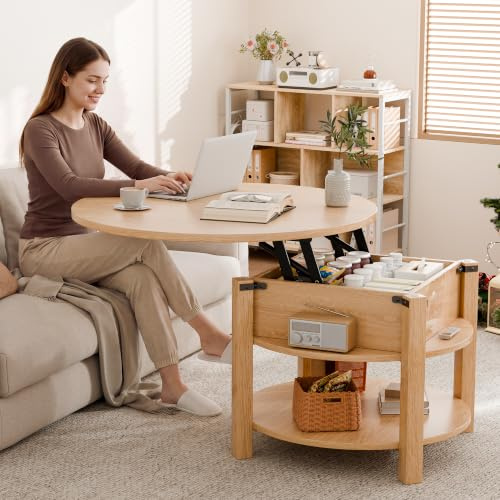ELUCHANG Table Basse avec Rangement Caché RondeTable Basse Plateau Relevable 2 en 1 pour Salon et Bureau, Forte Charge Portante, 80x80cm, Chêne