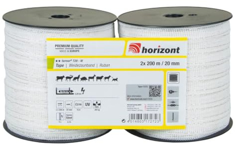 horizont Weidezaunband farmer T20-W im Doppelpack, 200 m lang, 20 mm breit, Breitband Litze, Weidezaun Strom, Elektrozaun, für kurze Zäune, 90 kg Bruchlast, Band, Litze Weidezaun