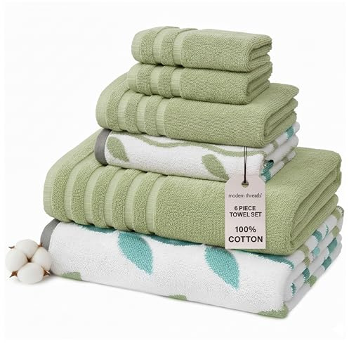 Amrapur 6-Piece Yarn Dyed Organic Vines Jacquard/Solid Ultra Soft 550GSM 100% Combed Cotton Towel Set 6 Toallas teñidas con Hilo vides Verdes Salvia, Algodón, Sencillo, 40.6 x 25.4 x 12.7 cm, 6