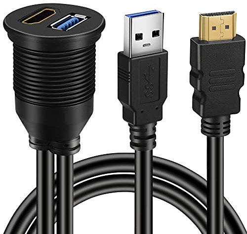 batige USB y HDMI a HDMI + USB AUX Extensión Dash Panel Cable de montaje empotrado para coche impermeable para coche barco y motocicleta – 3 ft