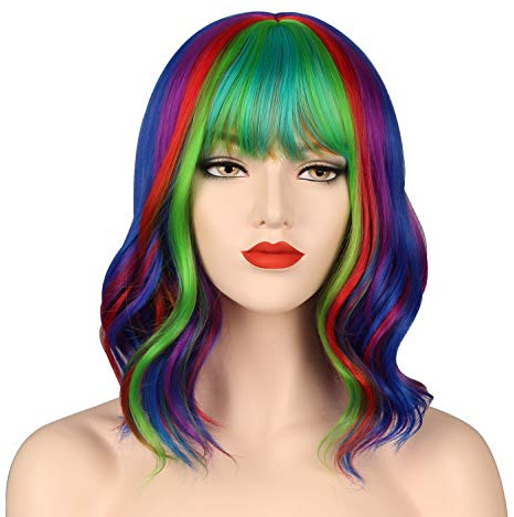 OKVGO Kurze, lockige Bob-Perücke mit Perückenkappe für Damen, für Cosplay, Party und Alltag, Regenbogenfarben
