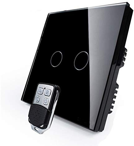 KONOQ Glass Panel Smart Touch Light Switch - Remote ON/OFF (2 Gang / 1 Way, Black)