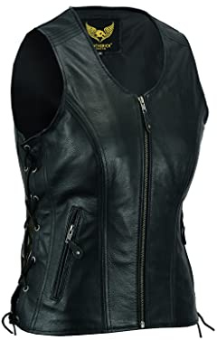 Leatherick Chaleco de cuero para mujer Chaqueta sin mangas de cuero de búfalo de grano superior genuino negro/Chaleco