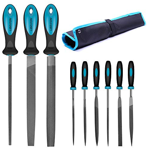 LIBRATON Feilen Set, Werkstattfeile Satz 9 tlg. Feilenset Metall Set Feilensatz inkl. Flachfeile Halbrundfeile Rundfeile Nadelfeile für Werkstatt, Schreinern, Heimwerken
