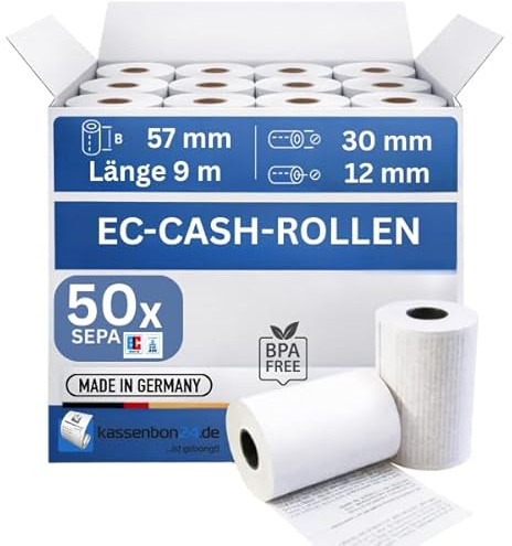 Kassenbon24.de EC-Cash Rollen 57x30x12mm – 9m | 50 Stück BPA-frei | SEPA/EC-CASH Aufdruck | Thermorollen für Kartenterminal EC-Terminal | Kassenbonrollen 48g/m²