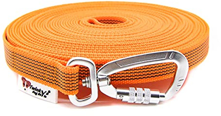 Twinkys Dog Style Schleppleine gummiert mit Sicherheitskarabiner 20 mm breit für Hunde bis 50 kg - MIT Handschlaufe 10 Meter Orange Made in Germany