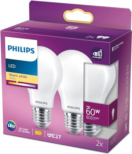 PHILIPS LED Classic 60W Standard E27 Blanc Chaud Non Dimmable Lot de 2