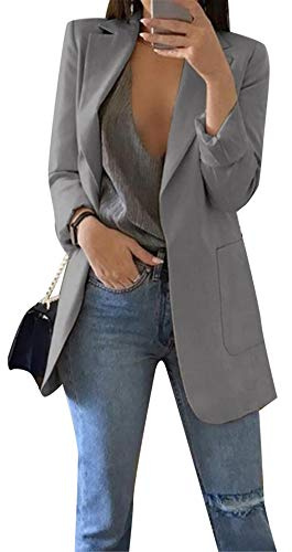 FLITAY Women’s Long Sleeve Casual Plus Size Blazer Fall Solid Color Jacket Blazer Grey M