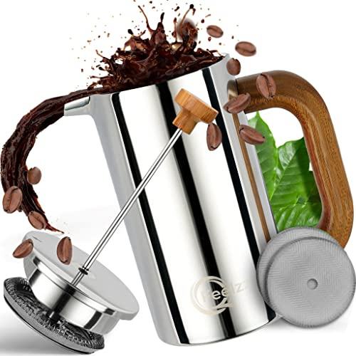 QFeelzz French Press – Edelstahl Kaffeebereiter mit Holzelementen – Thermo Kaffeepresse [Silber-Design] inkl. Ersatzfilter (600ml) – Hochwertiger Kaffeezubereiter für unterwegs – Doppelwandig