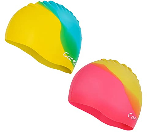 Swim Cap, 2 Pack Durable Silicone Swimming Caps for Kids Girls Boys Youths (Age 2-12), Soft 3D Ergonomic Waterproof Kids Swim Caps, Comfortable Fit for Long Hair and Short Hair