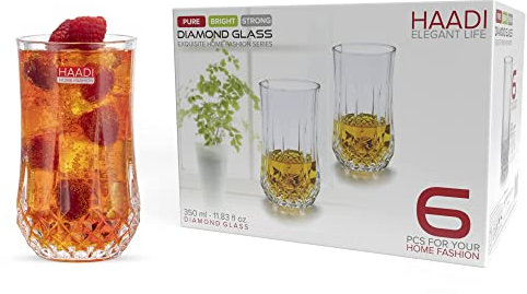HAADI Glasses Drinking Set of 24-350ml Highball Glass Stemless Cocktail Wine Glasses Diamond-Cut Crystal Clear Water Juice Tumblers Dishwasher Safe