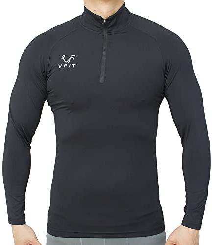 vf VFIT Maglietta a Compressione Uomo Manica Lunga con Cerniera Cappuccio Termica Sportiva Fitness Corsa Traspirante Asciugatura Rapida Palestra Tessuto Elastico Aderente