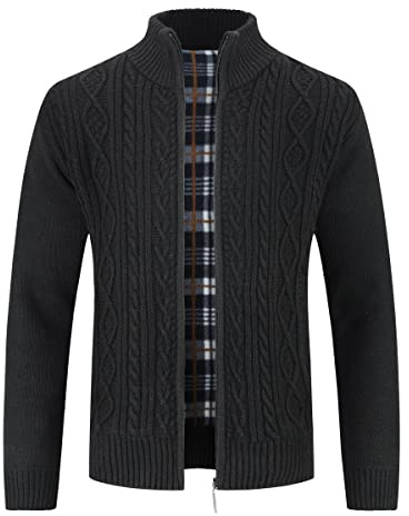 Stickad cardigan för män, tjock tröja, full dragkedja, stående krage, varm jumper, fleecefodrad vinterrock, Svart, XL