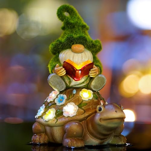 Yeomoo Solar Zwerg Reiten Schildkröte Gartendeko für Draußen Figuren - mit Blumen LED Lichterkette Lustige Feengarten Kinder Garten Deko Figur Geschenke für Frauen/Mum/Männer Zimmer Dekoration 21.5CM